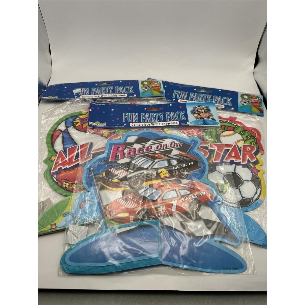 Vintage Lot of 3 All Star Race Car Deluxe Honeycomb Table Birthday Table Decor